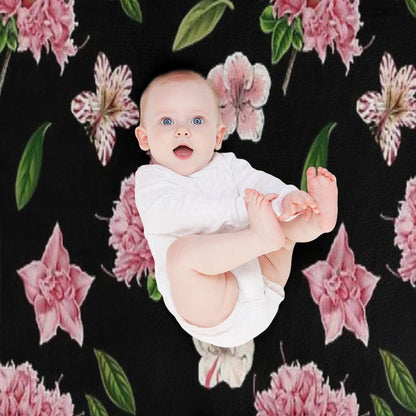 Black And Pink Floral Wrinkle-free Throw Blanket