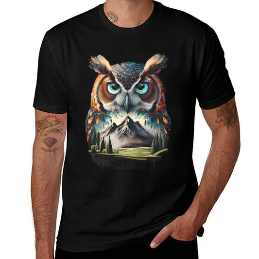 Abstract Owl Mountain Realistic Animal Nature  Tagless Design T-Shirt