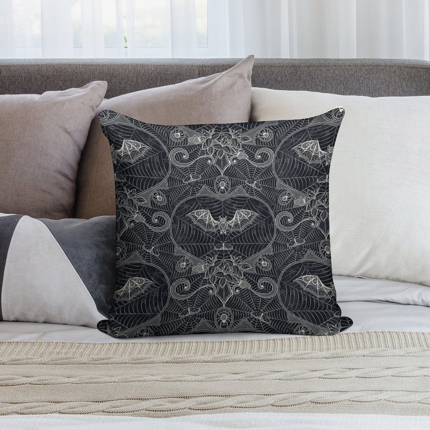 Gothic Halloween Lace - Bats - Black Soft Durable Construction Throw Pillow