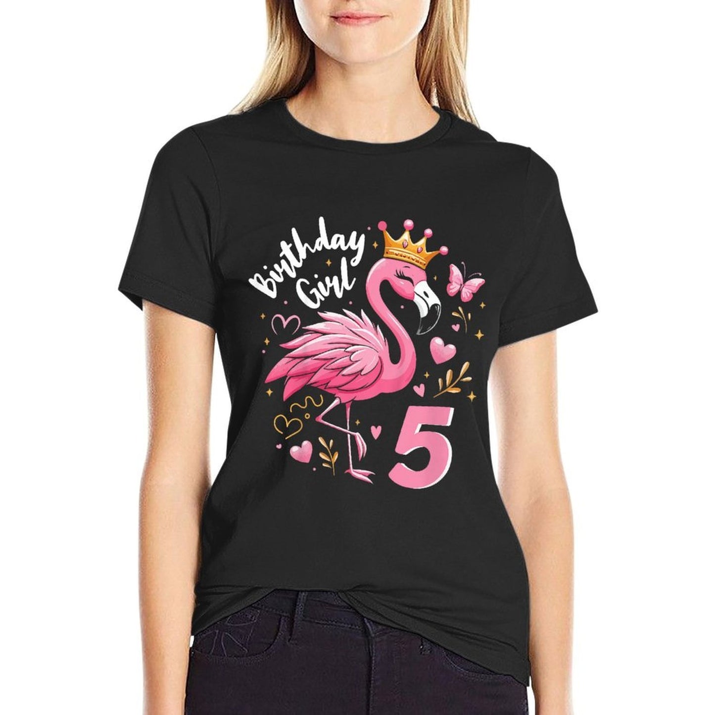 Kids 5th Birthday Gift Flamingo Fan 5 Year Old Girls 5th Bday  Oversized Silhouette T-Shirt