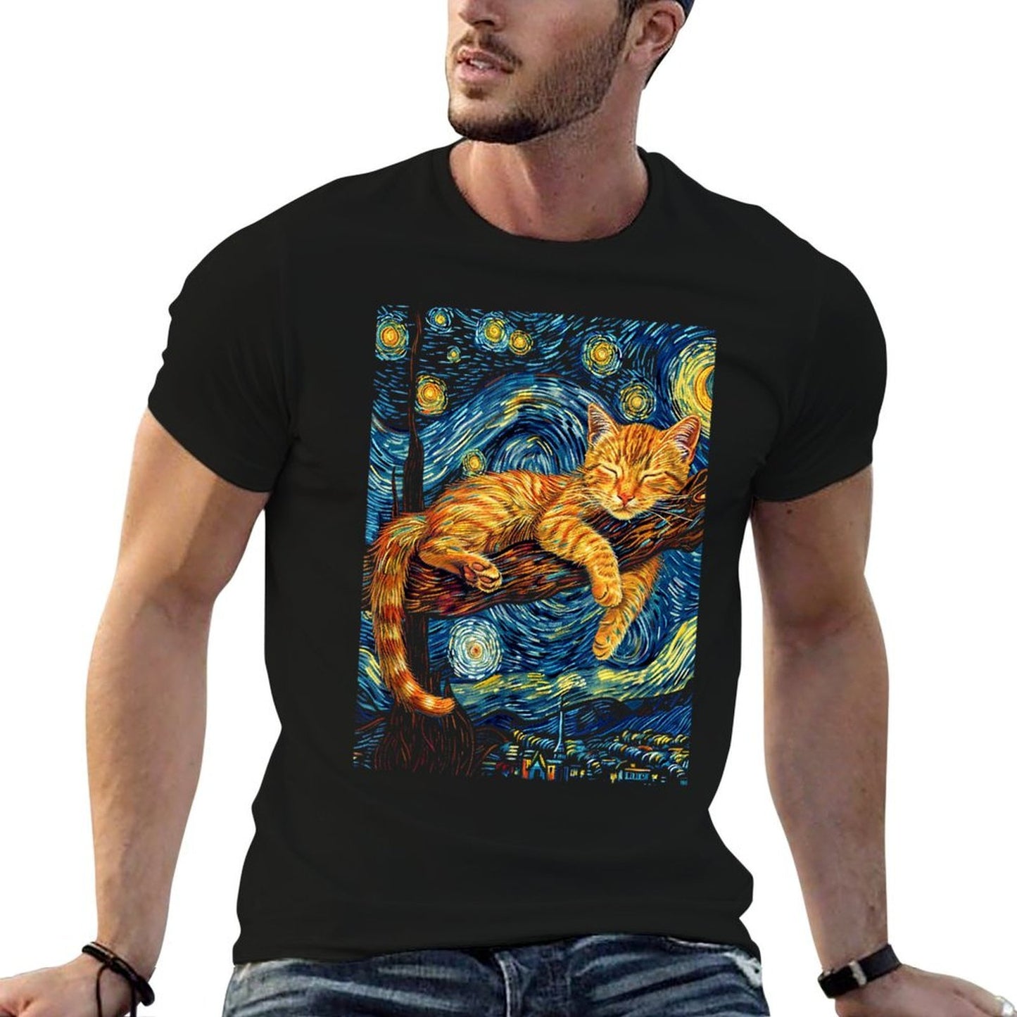 Cat Starry Night Van Gogh Cat For Cat Lover Cat Mom Cat Dad  High-quality Stitching T-Shirt