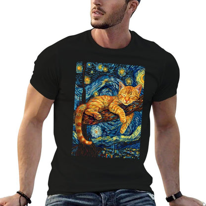 Cat Starry Night Van Gogh Cat For Cat Lover Cat Mom Cat Dad  High-quality Stitching T-Shirt