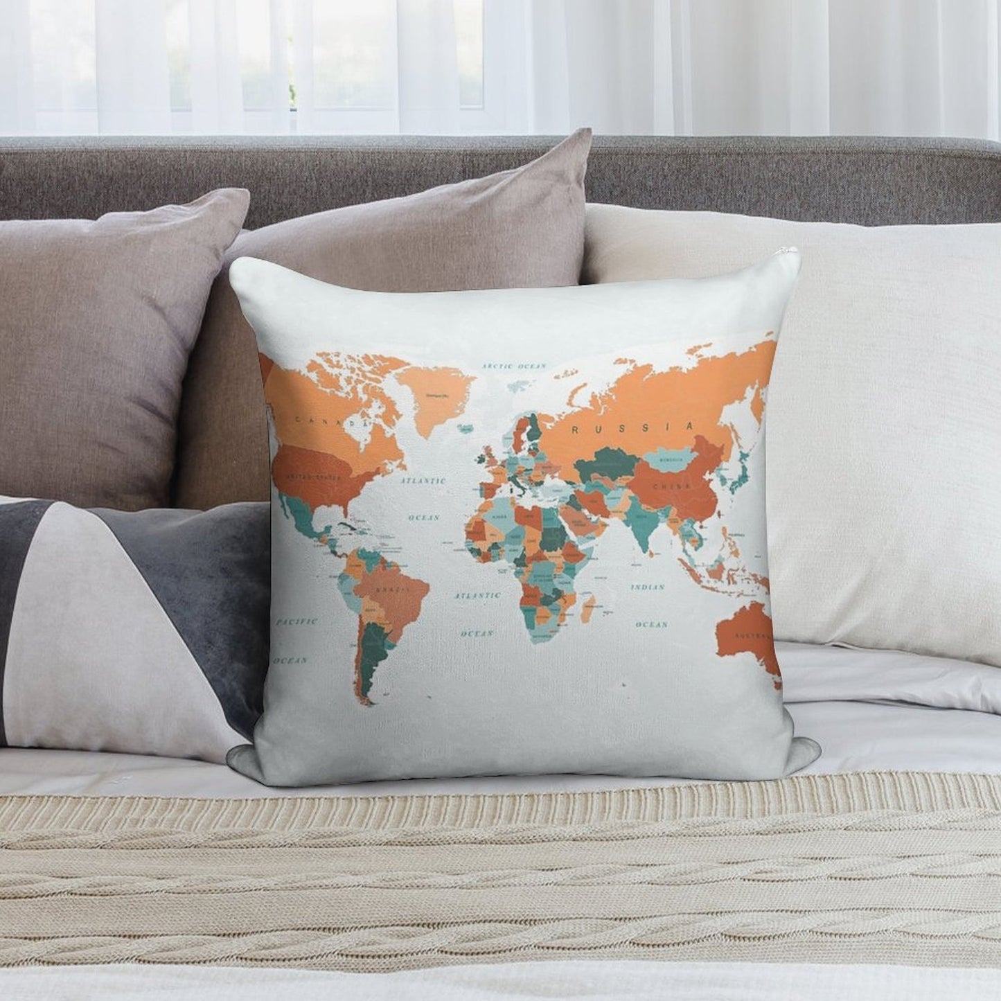Map of The World in Burnt Orange And Teal Soft Fade-Resistant Throw Pillow