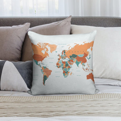 Map of The World in Burnt Orange And Teal Soft Fade-Resistant Throw Pillow