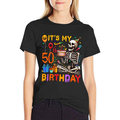 It's My 50th Birthday Halloween Skeleton Matching Party  Ribbed Collar T-Shirt