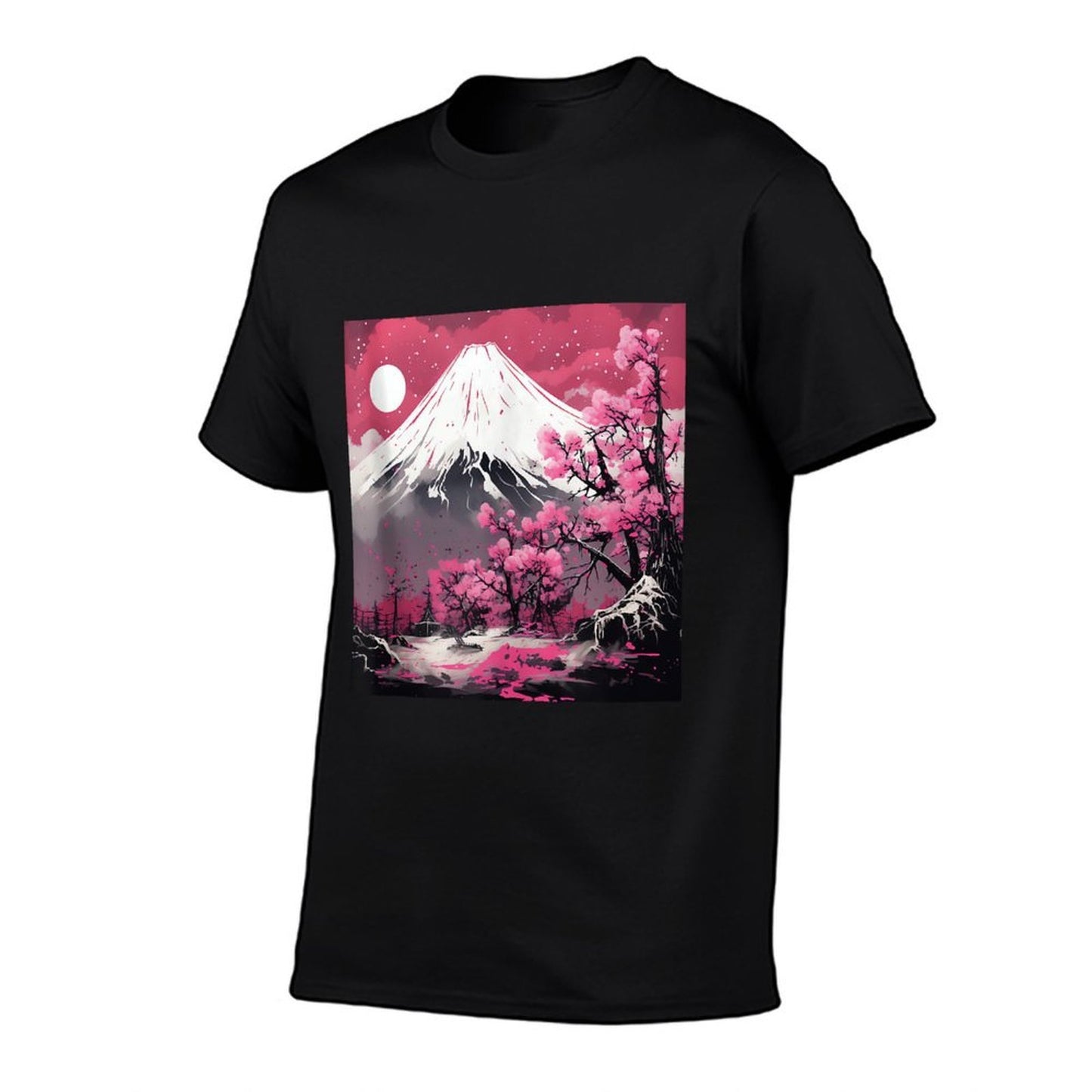 Sakura Reverie Japanese Petals Unfold in Twilight Peaks  Ribbed Collar T-Shirt