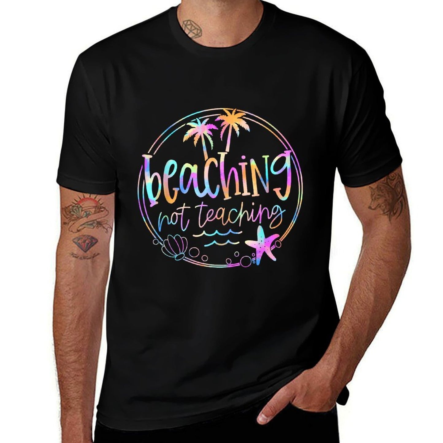 Beaching Not Teaching Tie Dye Summer Teacher Beach Vacation  Ribbed Collar T-Shirt