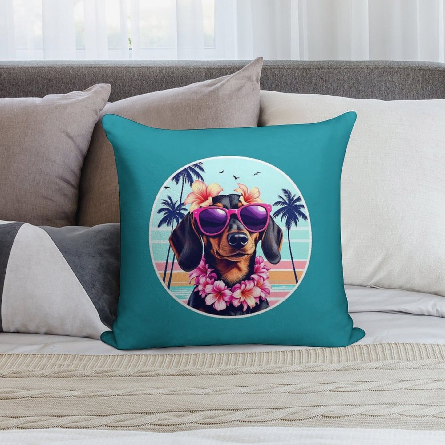 Hawaiian Dachshund Dog Retro Summer Vibes Soft Multiple Sizes Throw Pillow