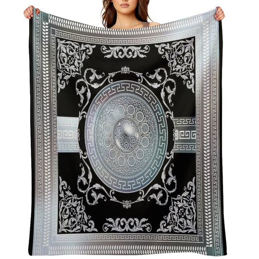 Ornate Baroque Metallic Blue Black Greek Meander All-season Throw Blanket