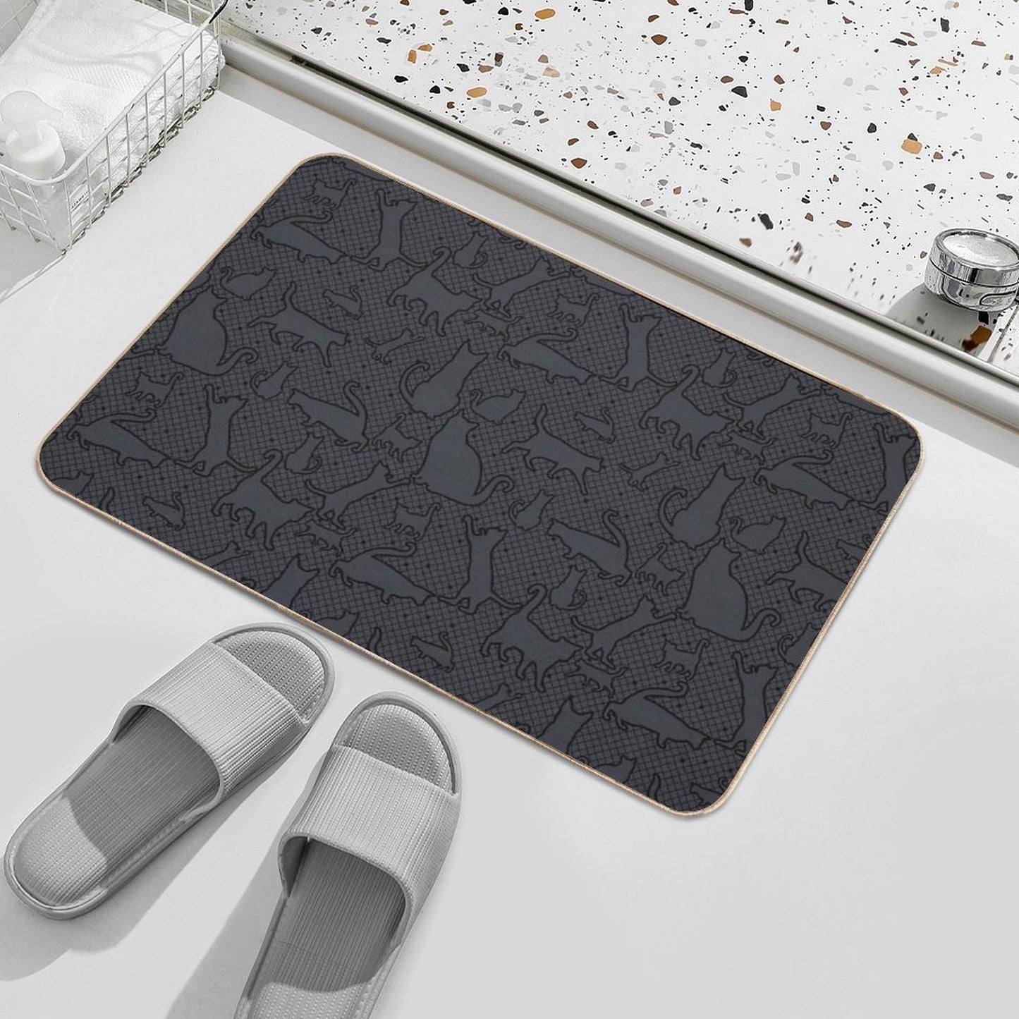 Velvet Hex Gothic Cat Silhouettes Pattern in Black  Stain-Proof Bath Mat