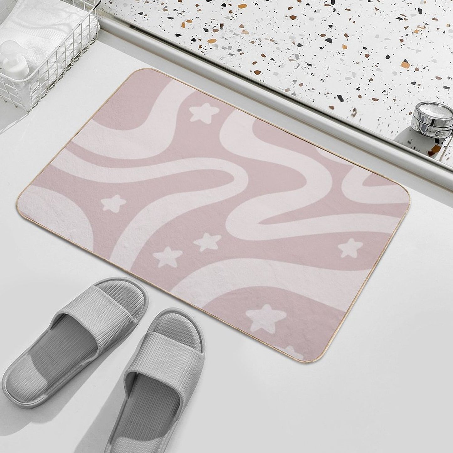 Retro Liquid Swirl & Stars Abstract Pattern Gray Pink  Easy To Clean Bath Mat