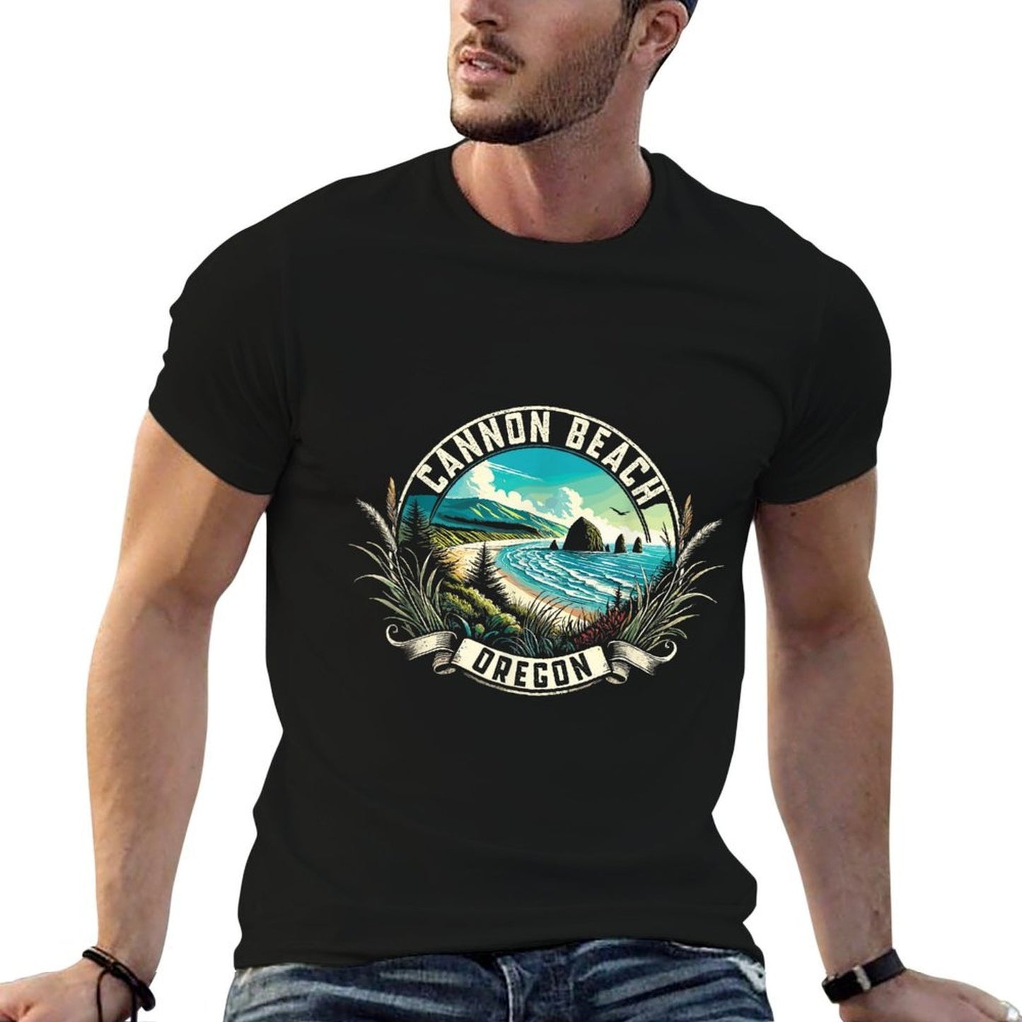 Cannon Beach Watercolor, Cannon Beach Oregon, Cannon Beach  Fade-proof Color T-Shirt