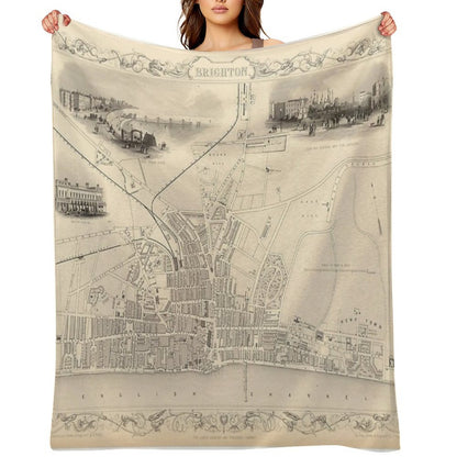 Old Brighton UK Map (1851) Vintage Southern England City Atlas Multi-functional Throw Blanket