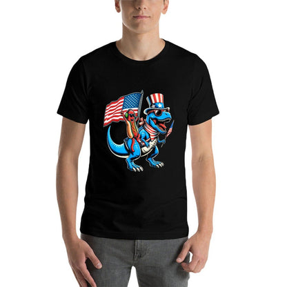 Hotdog TRex Dinosaur 4th of July Amerisaurus Toddler Boy Kid  Ribbed Collar T-Shirt