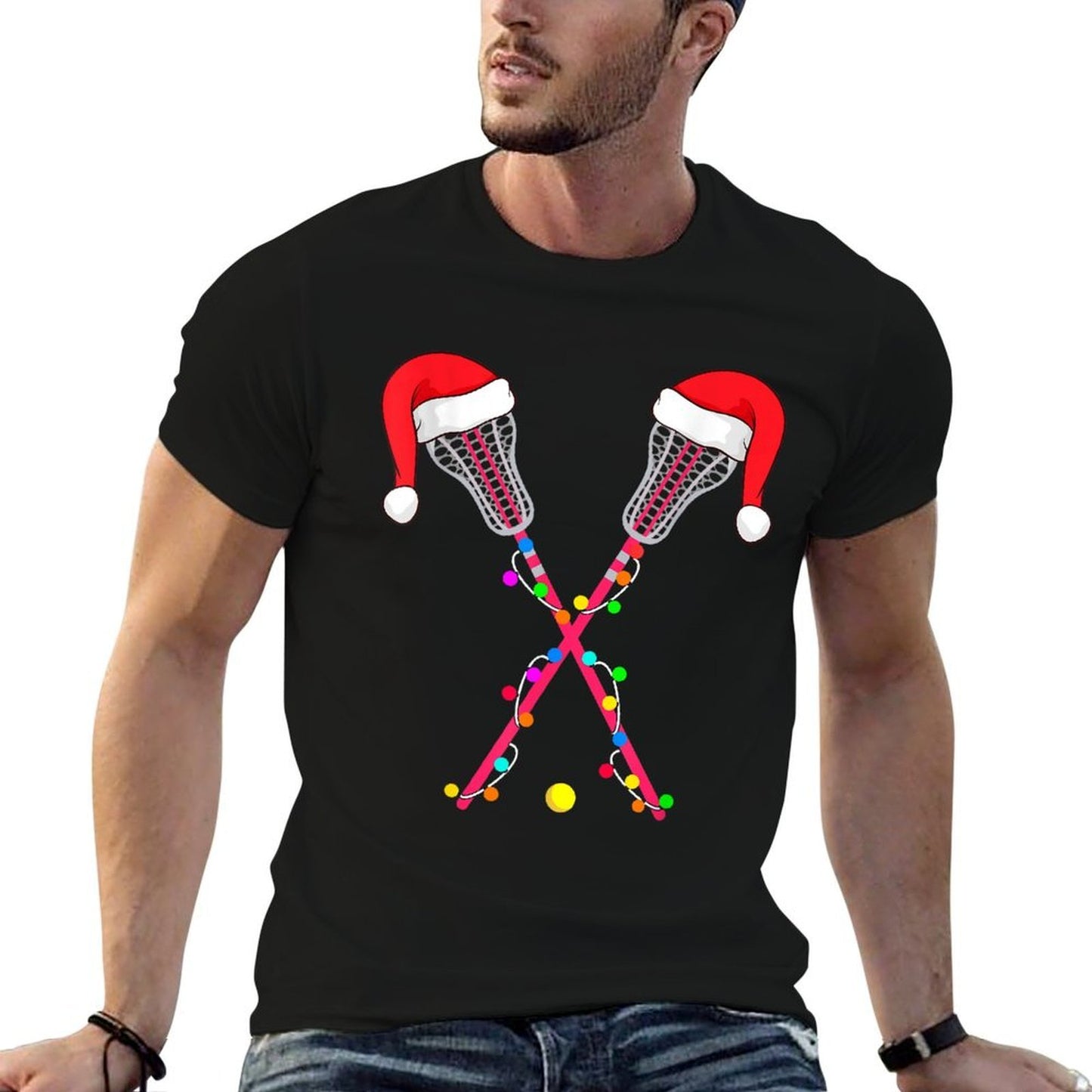Lacrosse Santa Hat Christmas Lights Funny Sport Xmas Boys  Oversized Silhouette T-Shirt