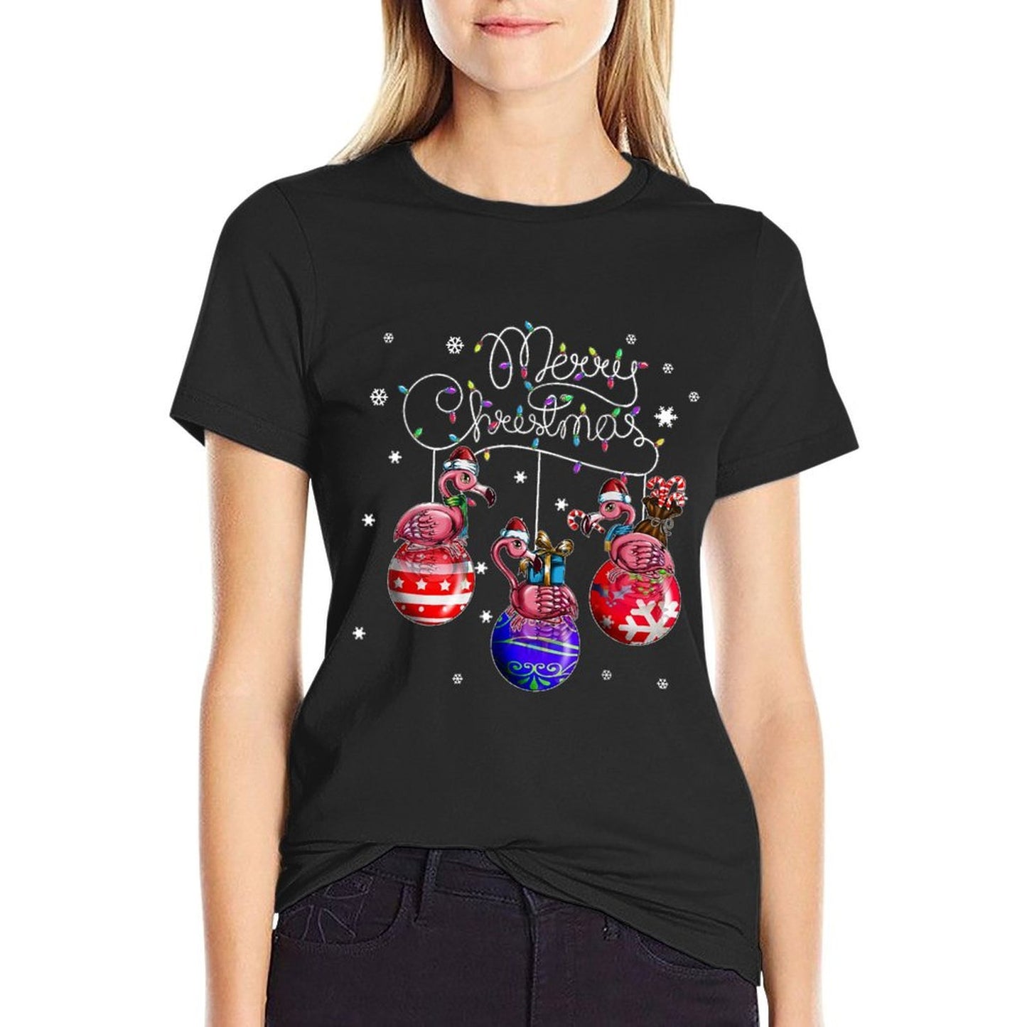 Merry Christmas Flamingo Christmas Ball Motif Christmas  Ribbed Collar T-Shirt