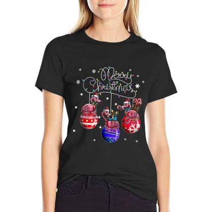 Merry Christmas Flamingo Christmas Ball Motif Christmas  Ribbed Collar T-Shirt