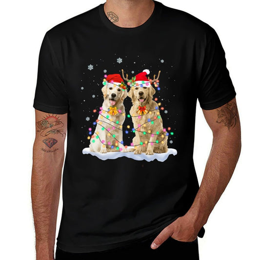 Golden Retriever Christmas Santa Hat Reindeer Lights Pajama  Heathered Texture T-Shirt