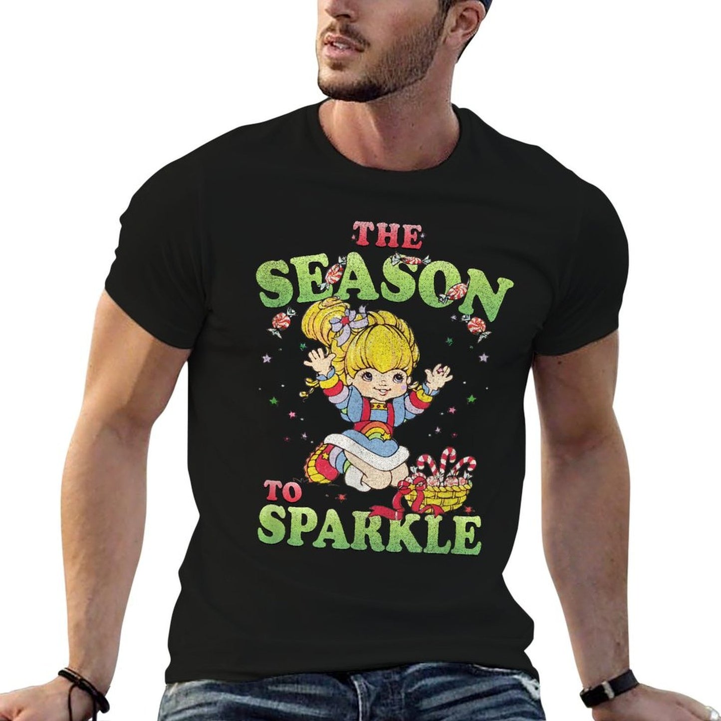 Rainbow Brite Christmas The Season To Sparkle Candy Portrait  Ribbed Collar T-Shirt