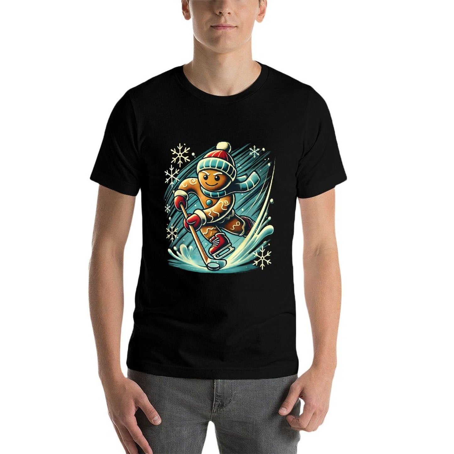 Gingerbread Playing Ice Hockey Lovers Boys Girls Christmas  Fade-proof Color T-Shirt