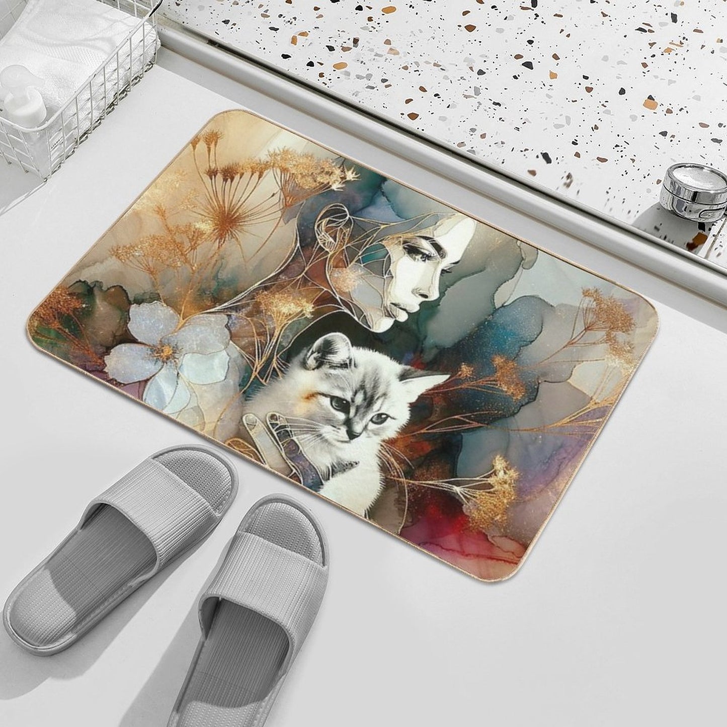 Golden Line Art Woman with Cat – Abstract Watercolor Elegance  Multi-Purpose Bath Mat