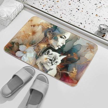 Golden Line Art Woman with Cat – Abstract Watercolor Elegance  Multi-Purpose Bath Mat