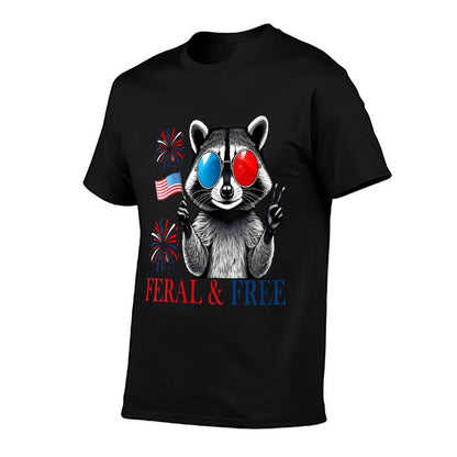 Womens Patriotic Racoon Feral And Free Funny 4th of July Look  Ribbed Collar T-Shirt