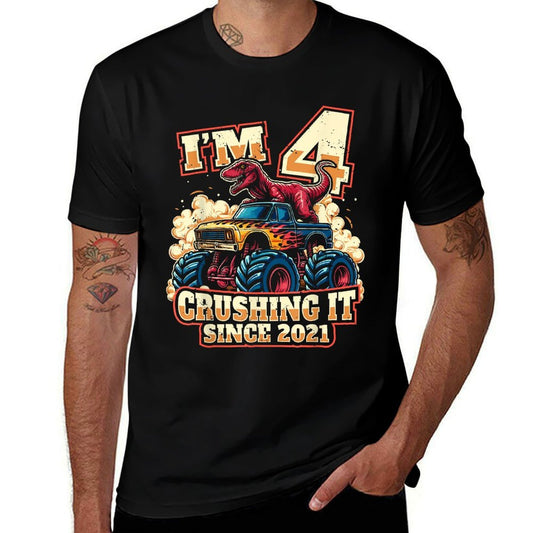 4 Year Old Boys 4th Birthday Dinosaur Monster Truck Party  Rolled Sleeves T-Shirt
