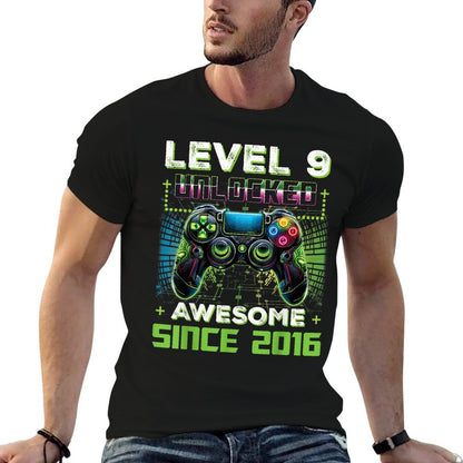 Level 9 Unlocked Video Game 9th Birthday Gamer Boys Son  High-quality Stitching T-Shirt
