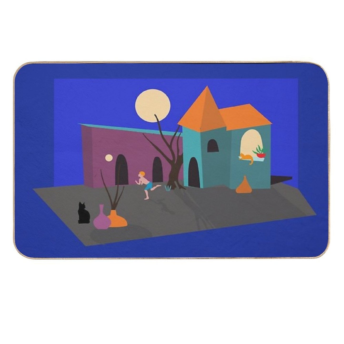 Nighttime Scene with Boy Playing Ball And Cats Watching  High-Traffic Bath Mat