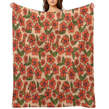 Scarlet Pimpernel Floral Design, Red And Purple Flowers with Green Leaves on A Peach Fuzz Background Easy Care Throw Blanket