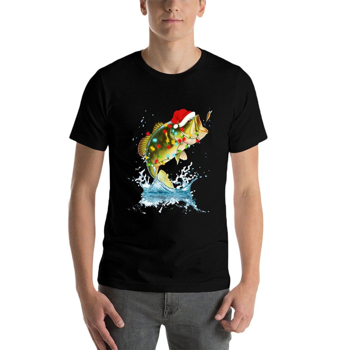 Funny Bass Fishing Santa Hat Christmas Pajama Fishermen Fish  Lightweight T-Shirt