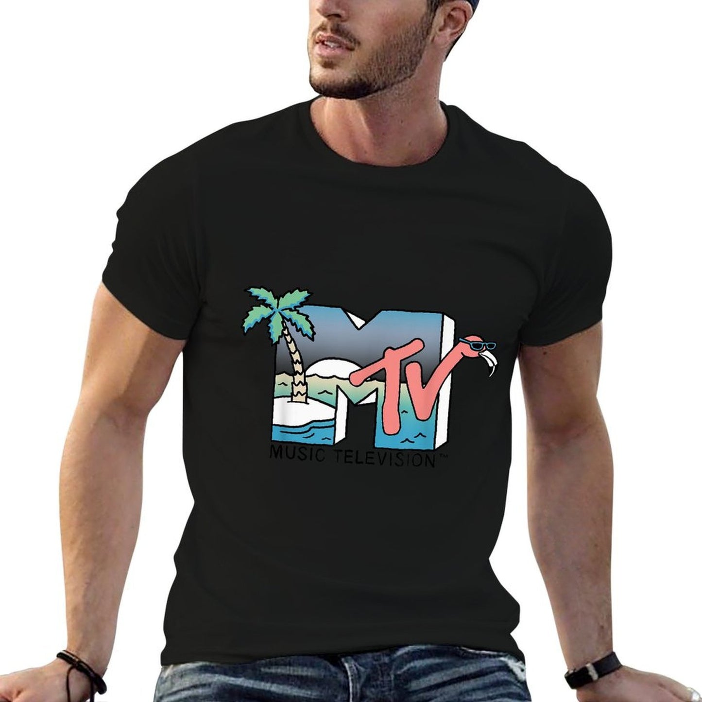 MTV Beach Island Flamingo Logo Vintage Graphic  Relaxed-fit T-Shirt