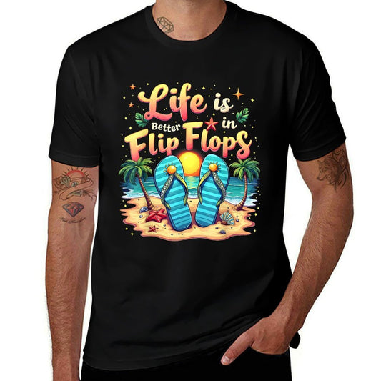 Sunset Beach Life Is Better in Flip Flops Artwork  Breathable T-Shirt
