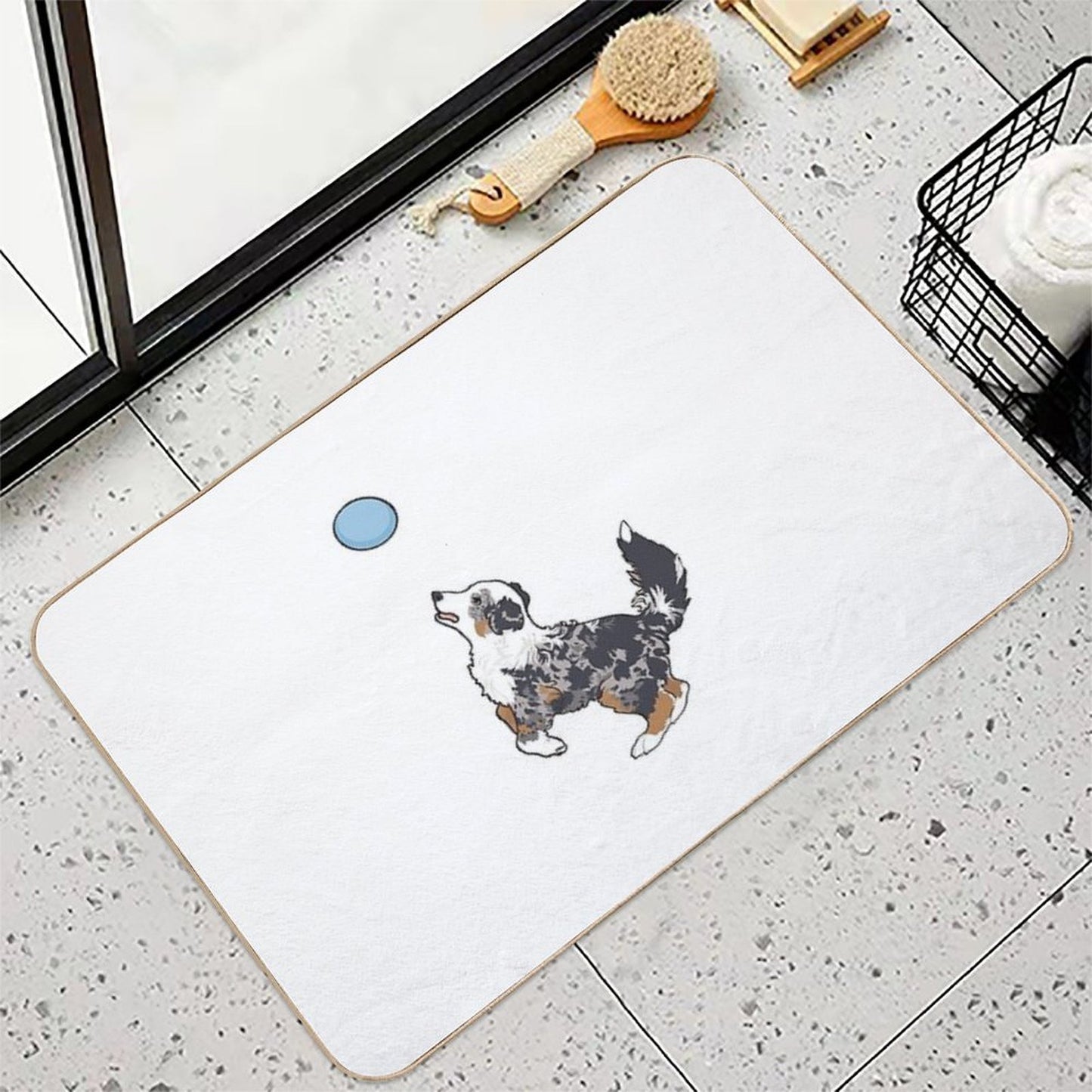 Blue Merle Aussie Dog Playing Frisbee  Blue Merle Australian Shepherd  Rapid-Drying Bath Mat