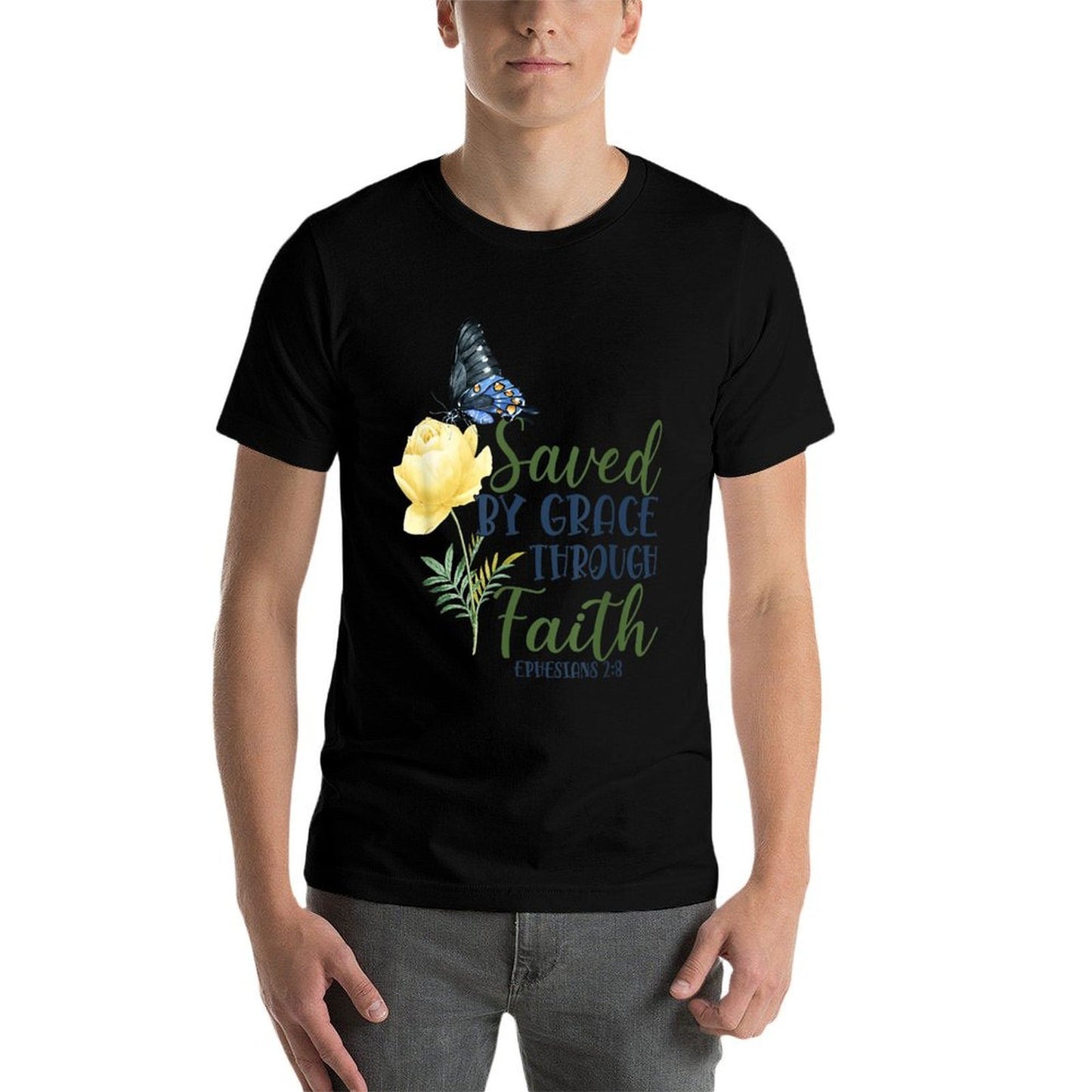Christian Bible Verse Butterfly Rose Flower Ephesians 28  High-quality Stitching T-Shirt
