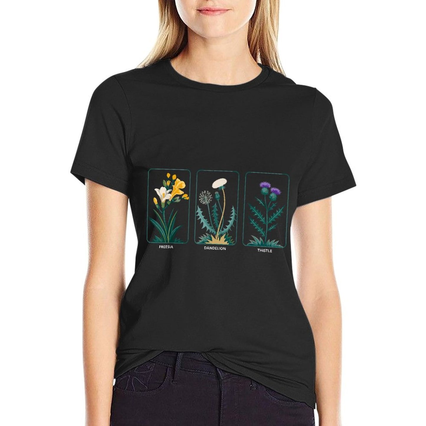 Freesia Dandelion Thistle Detailed Botanical Illustration Comfortable T-Shirt