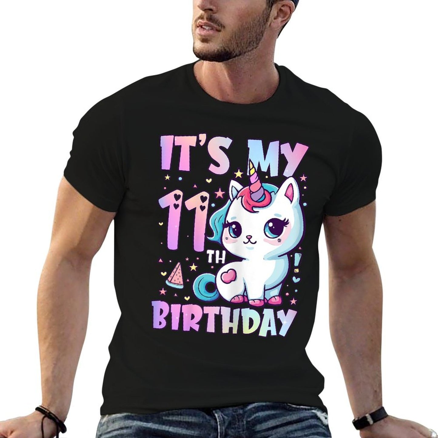 11th Birthday Girls 11 Year Old Cat Unicorn Birthday  Rolled Sleeves T-Shirt