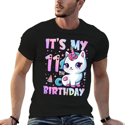 11th Birthday Girls 11 Year Old Cat Unicorn Birthday  Rolled Sleeves T-Shirt