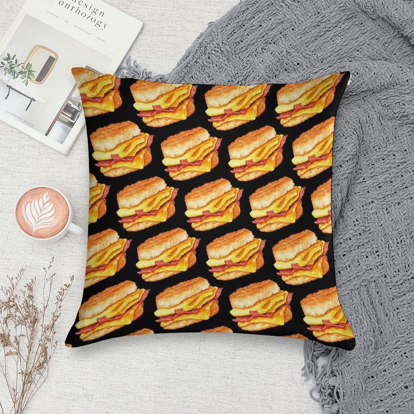 Bacon Egg & Cheese Sandwich Pattern - Black Soft Anti-Pilling Throw Pillow