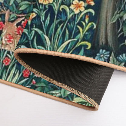 GREENERY,FOREST ANIMALS Pheasant on Tree,Squirrel,Hares,Blue Green Floral Tapestry  Easy To Clean Bath Mat