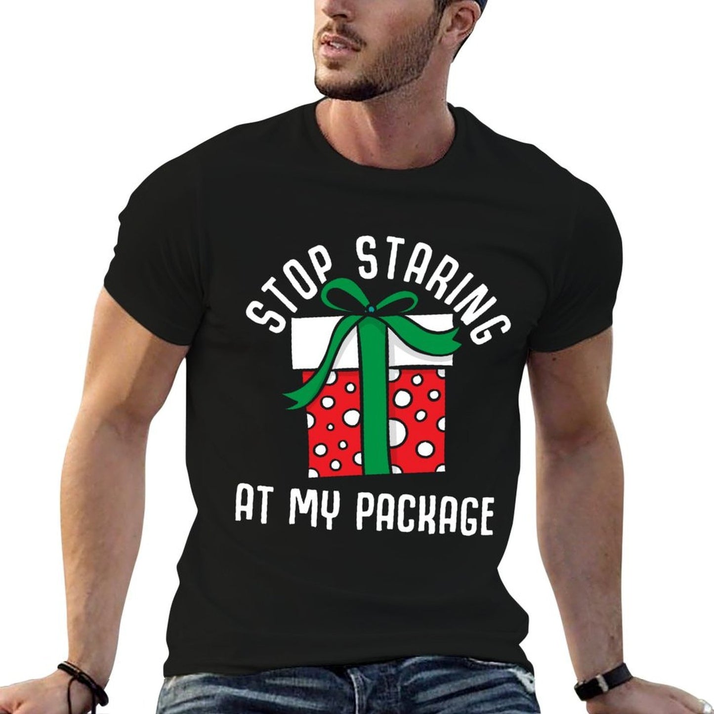 Stop Staring at My Package Funny Christmas Xmas 2022  Cotton T-Shirt