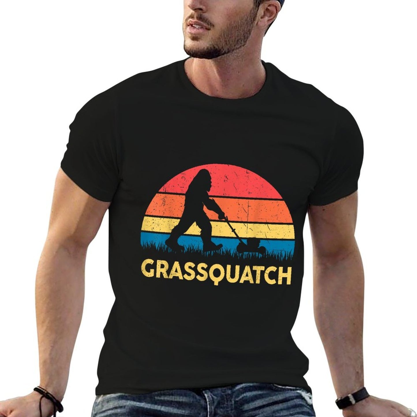 Lawn-Mowing Grassquatch Bigfoot Funny Mower Gardening Dad  Oversized Silhouette T-Shirt
