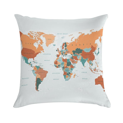 Map of The World in Burnt Orange And Teal Soft Fade-Resistant Throw Pillow