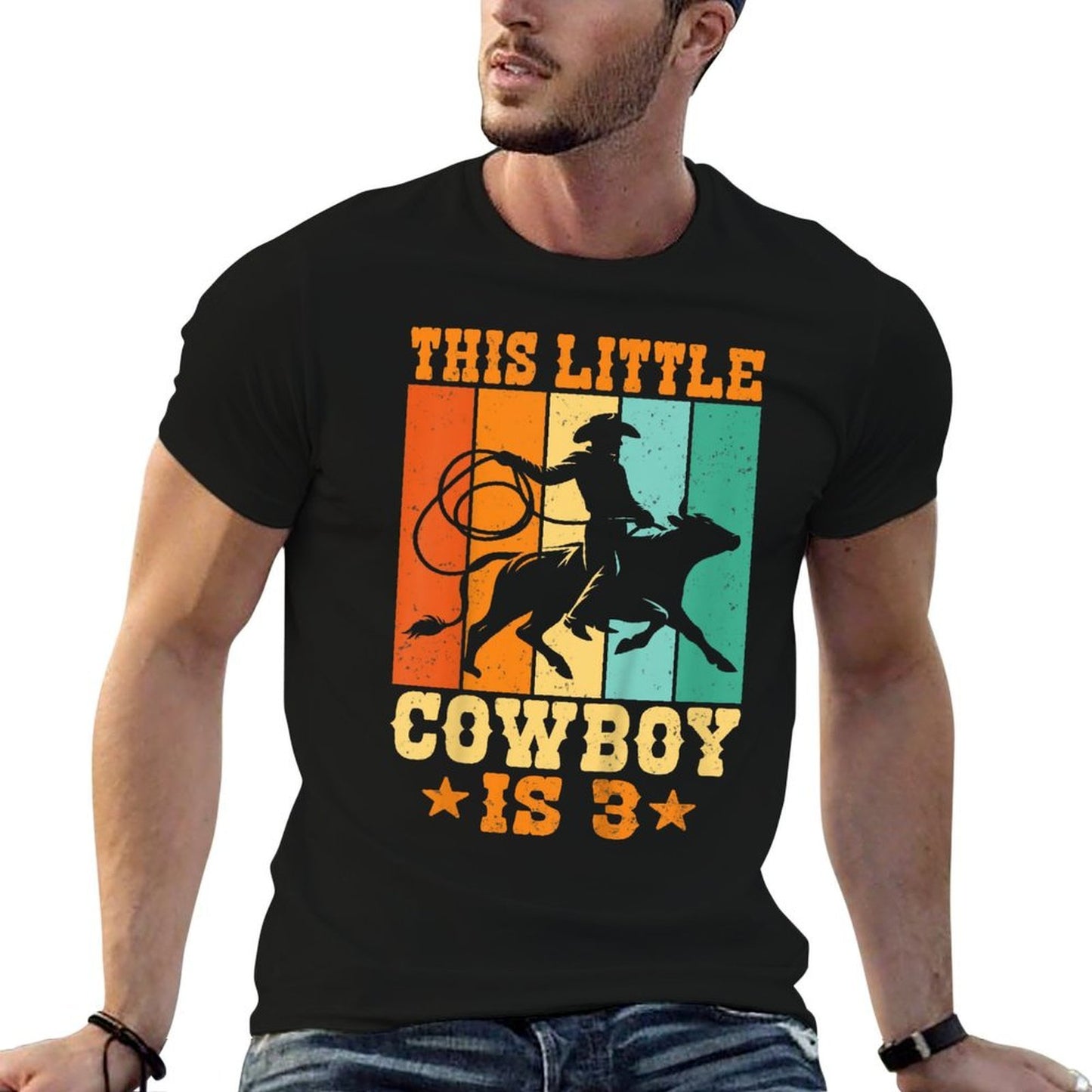 Kids This Little Cowboy Is 3 Kids Three Years Old 3rd Birthday  Cotton T-Shirt