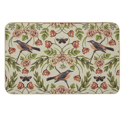In The Garden - Nature Pattern W Birds, Flowers & Moths  Non-Slip Bath Mat