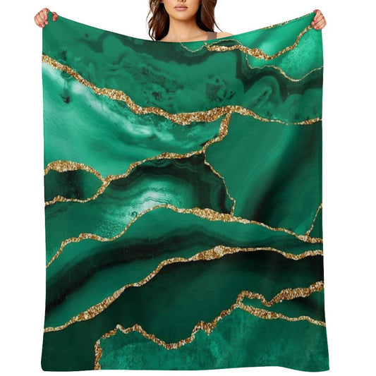 Emerald Green Malachite Faux Marble With Gold Glitter Quick-dry Throw Blanket