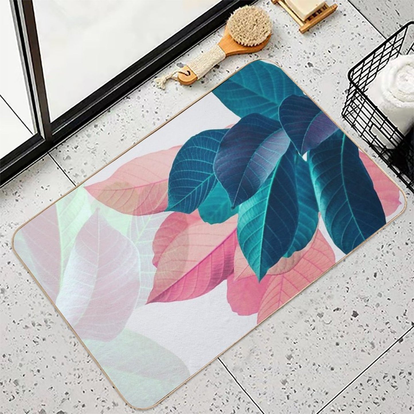 Blue Pink Plant Leaf  Dirt-Trapping Bath Mat