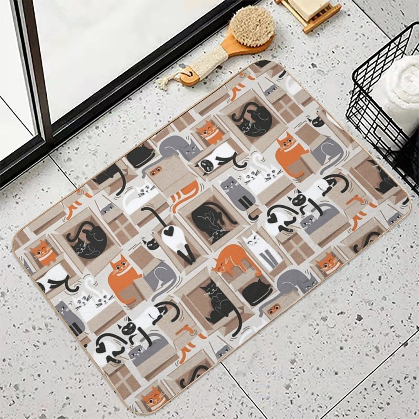 Purfect Feline Architecture  Beige Background Cute Cats in Cardboard Boxes  Rapid-Drying Bath Mat