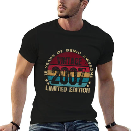 Retro Birthdays 2025 For Men And Women 18 Year Old Vintage 2007 Limited Edition Unisex-Adults Black Small  Ribbed Collar T-Shirt